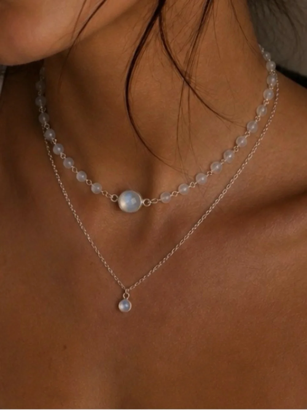 Handmade Moonstone Layered Necklace Set Sterling Silver Choker